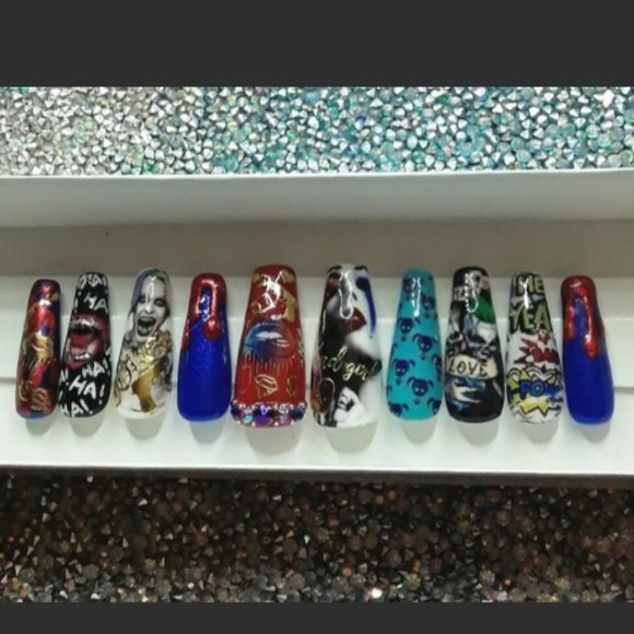 *Marvel King & Queen* Harley Quinn & The Joker!!! Handmade Hard Gel XL Coffin Pr - Picture 1 of 6